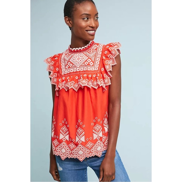 Anthropologie Tops - Featherbone by Anthropologie Embroidered Eyelet Lace Cotton Blouse Red White